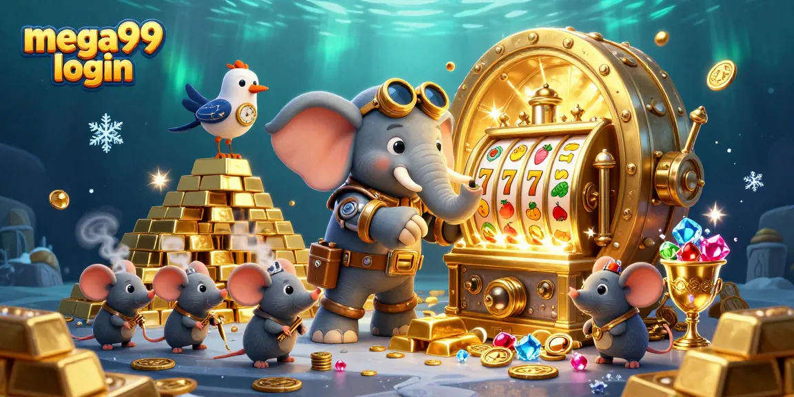 Win big with mega99 login at this vibrant 3D slot machine scene featuring gold treasures and casino elements.
