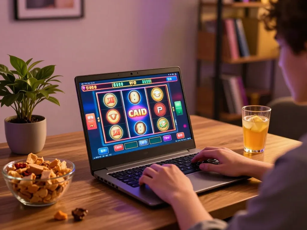 Engaging online gaming setup at home for players at tại ok365, featuring vibrant slot machine graphics on screen.