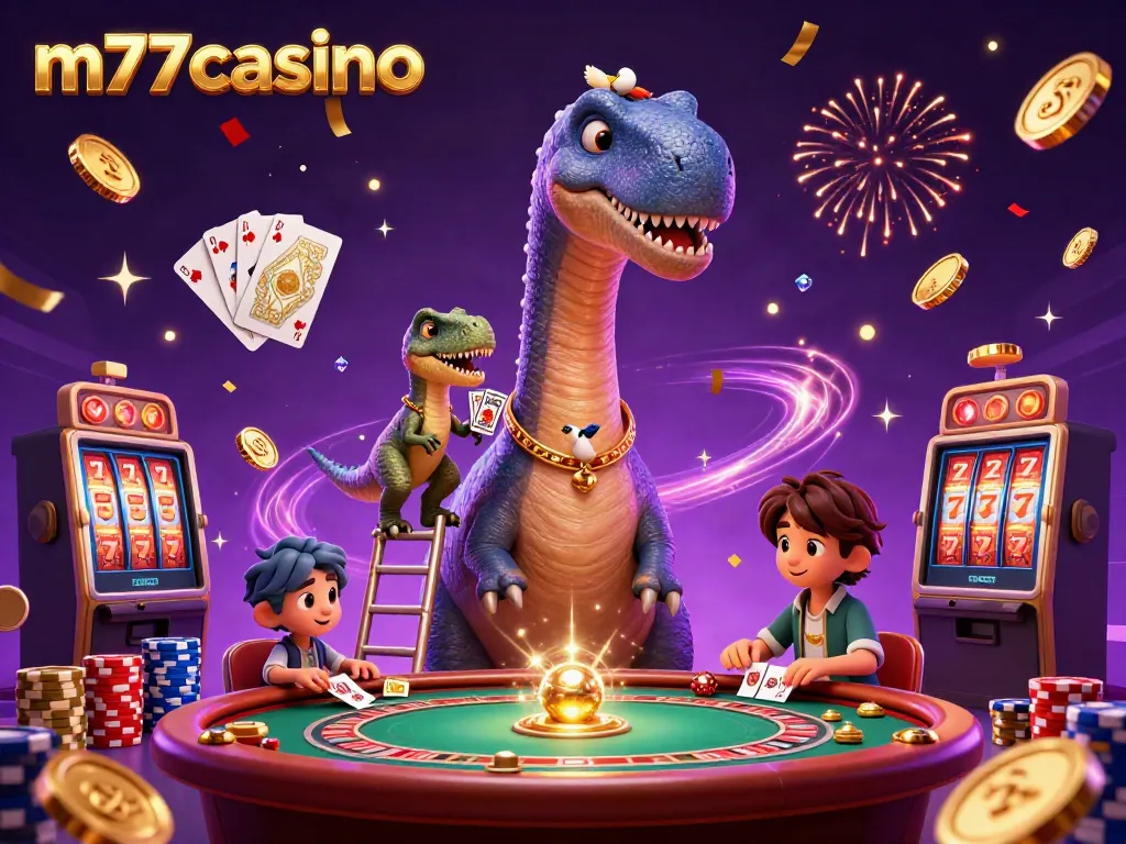 m77casino menawarkan pengalaman permainan yang menarik dengan dinosaurus 3D dan elemen kasino yang meriah