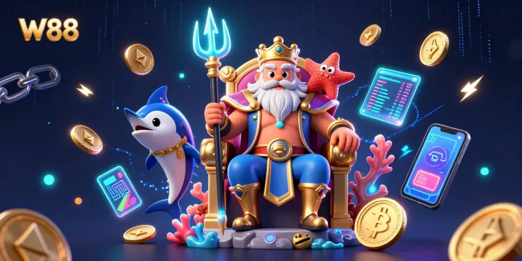 Spin the reels with W88 at a vibrant casino scene featuring Neptune and crypto elements.