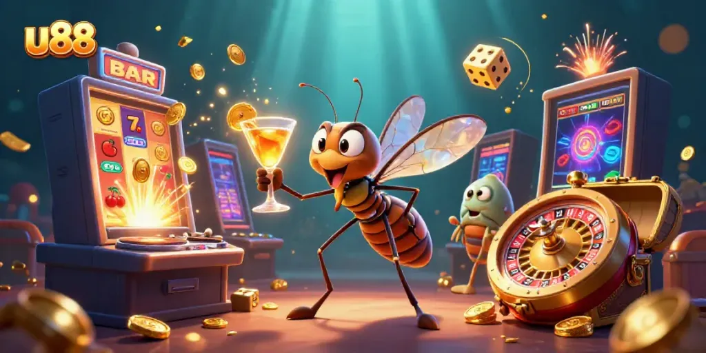 Engage with u 88's dynamic casino scene featuring a frozen-in-amber mosquito mascot amidst colorful gaming elements.