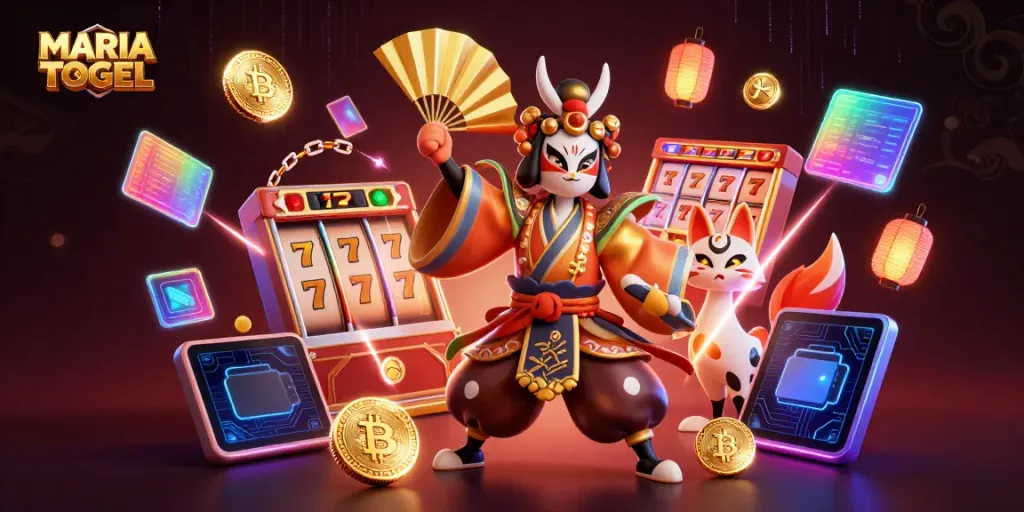 Engage with MARIATOGEL's vibrant gaming scene featuring colorful reel symbols and dynamic cryptocurrency elements.