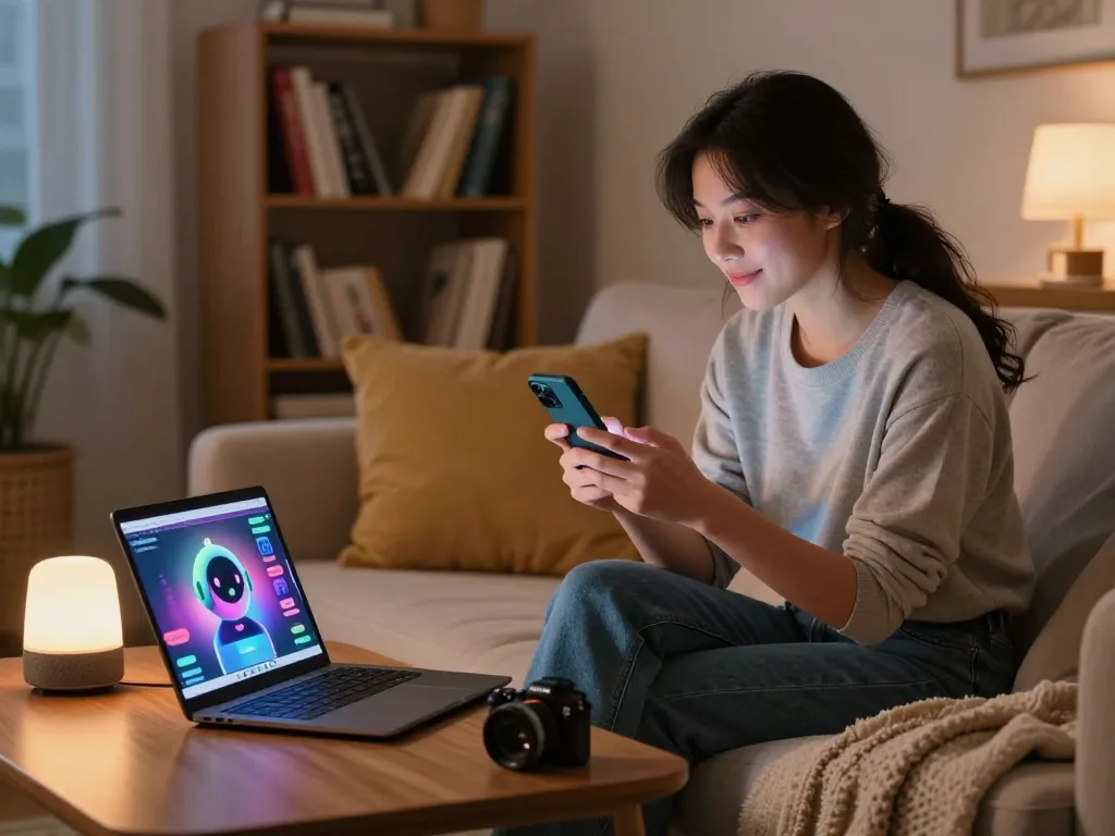 Engaging in ai sexting via smartphone in a cozy apartment setting.
