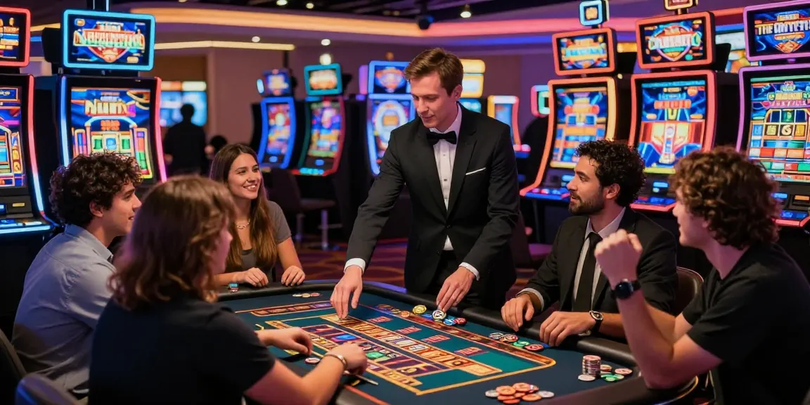 Pengalaman permainan toto slot yang seru di kasino dengan pemain merayakan kemenangan.