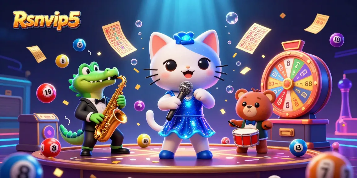 Terlibatlah dengan suasana kasino Rsnvip5 yang penuh warna menampilkan kucing jazzy, buaya, dan beruang di tengah elemen lotere yang berwarna-warni.