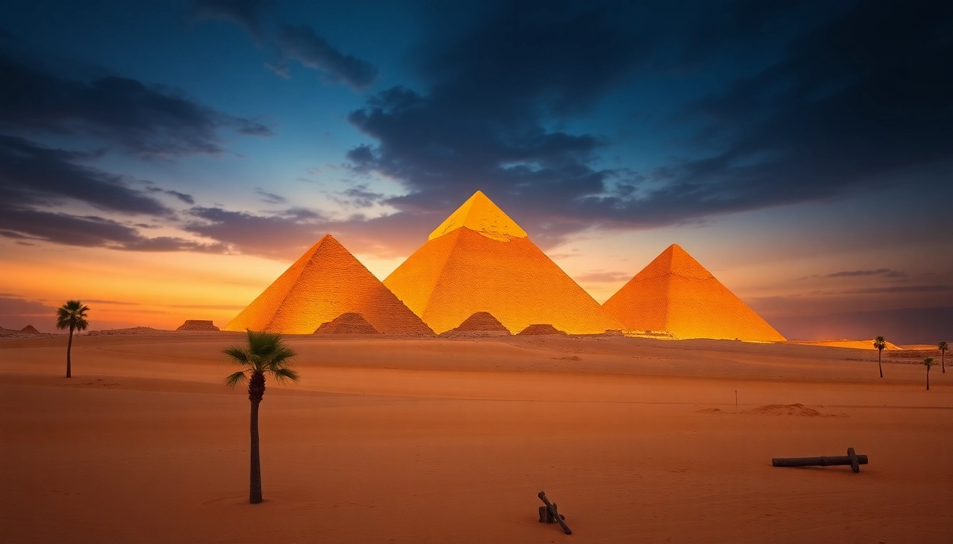 View the majestic Great Pyramids of Giza at https://piraminds.com/ surrounded by a beautiful twilight sky.