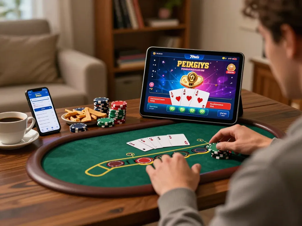 Player enjoying an engaging game on 78win's casino app at home, showcasing vibrant graphics and cozy atmosphere.