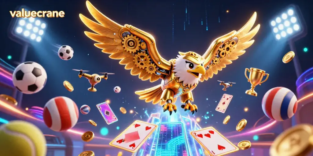 valuecrane menerima tawaran jackpot membara dengan burung garuda cybernetik terbang di antara kartu bermain holografik.