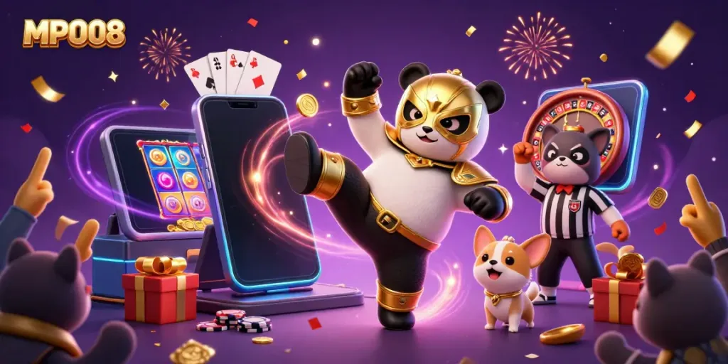 Watch MPO08's winning panda mascot performing a flying kick amidst spectacular gaming elements.