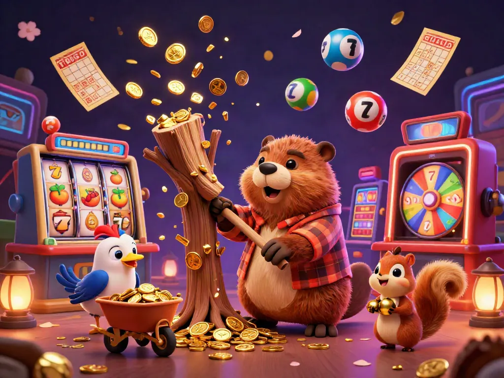 Experience the excitement of QQCASH188 with a 3D scene featuring a playful beaver, bird, and squirrel amidst gold and casino elements.