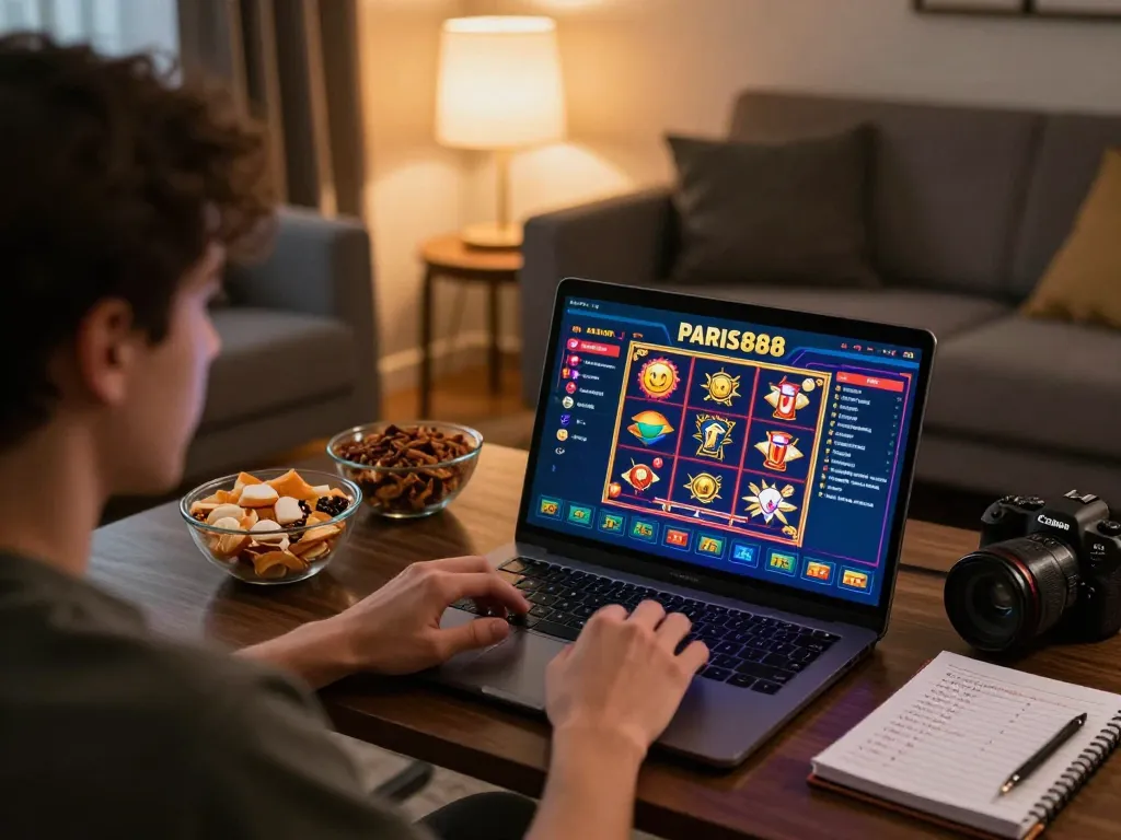 Engaging player using Paris888 online casino on laptop for strategic slot game enjoyment.