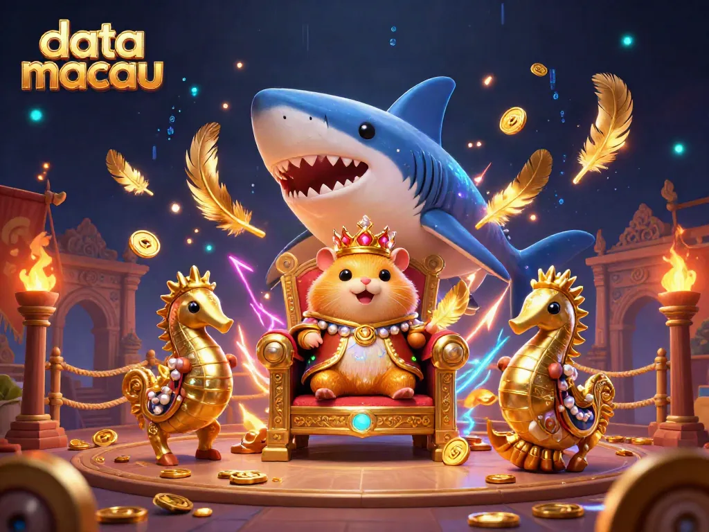 Menampilkan data macau dengan raja hamster emas dan pengawal kuda laut di arena mewah.