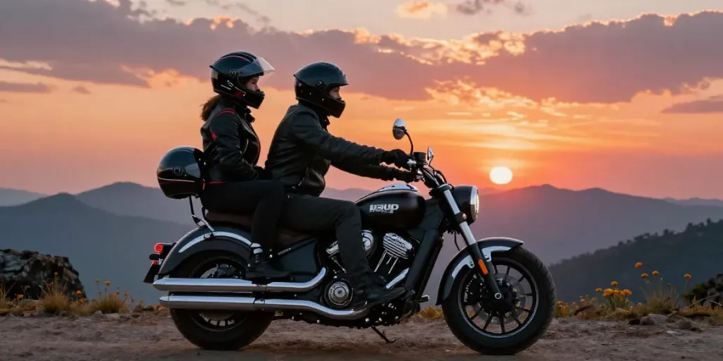 Rider and passenger enjoying the 2up india experience on a scenic sunset motorcycle ride.