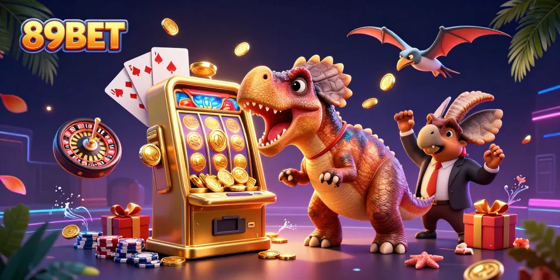 Experience the excitement of 89BET with a cartoon dinosaur winning big at a slot machine!