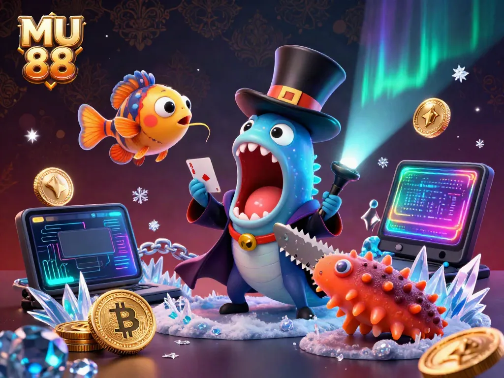 MU 88 showcases a bioluminescent eel magician performing tricks, surrounded by glowing crypto coins.