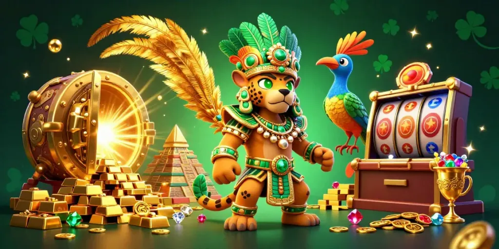 Gambar rajabambu88 menampilkan jaguar dan burung quetzal berpadu dengan elemen kasino bertema slot.