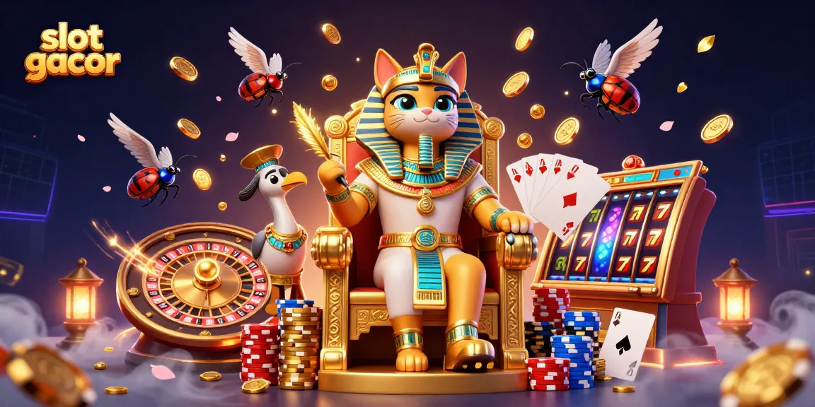 Experience slot gacor action with a vibrant casino scene featuring a regal pharaoh cat amidst cascading coins.