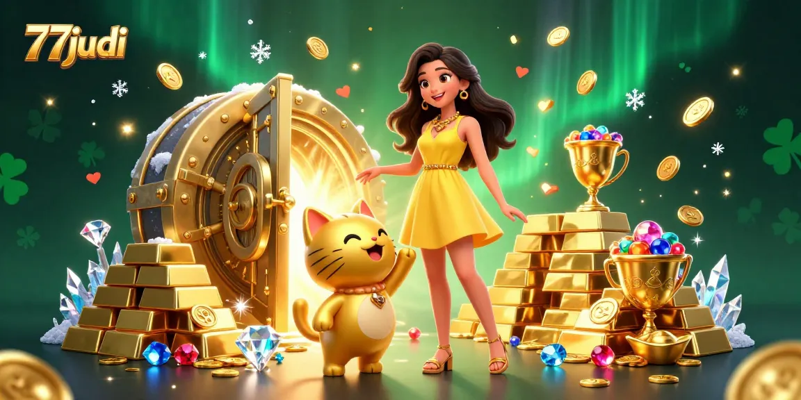 Win big at 77judi with vibrant games, golden treasures, and a lucky cat mascot.