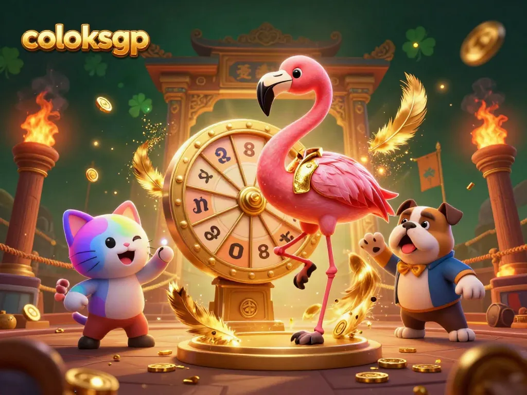 Gambar menarik COLOKSGP menampilkan karakter kartun di arena mesin slot yang penuh kegembiraan.