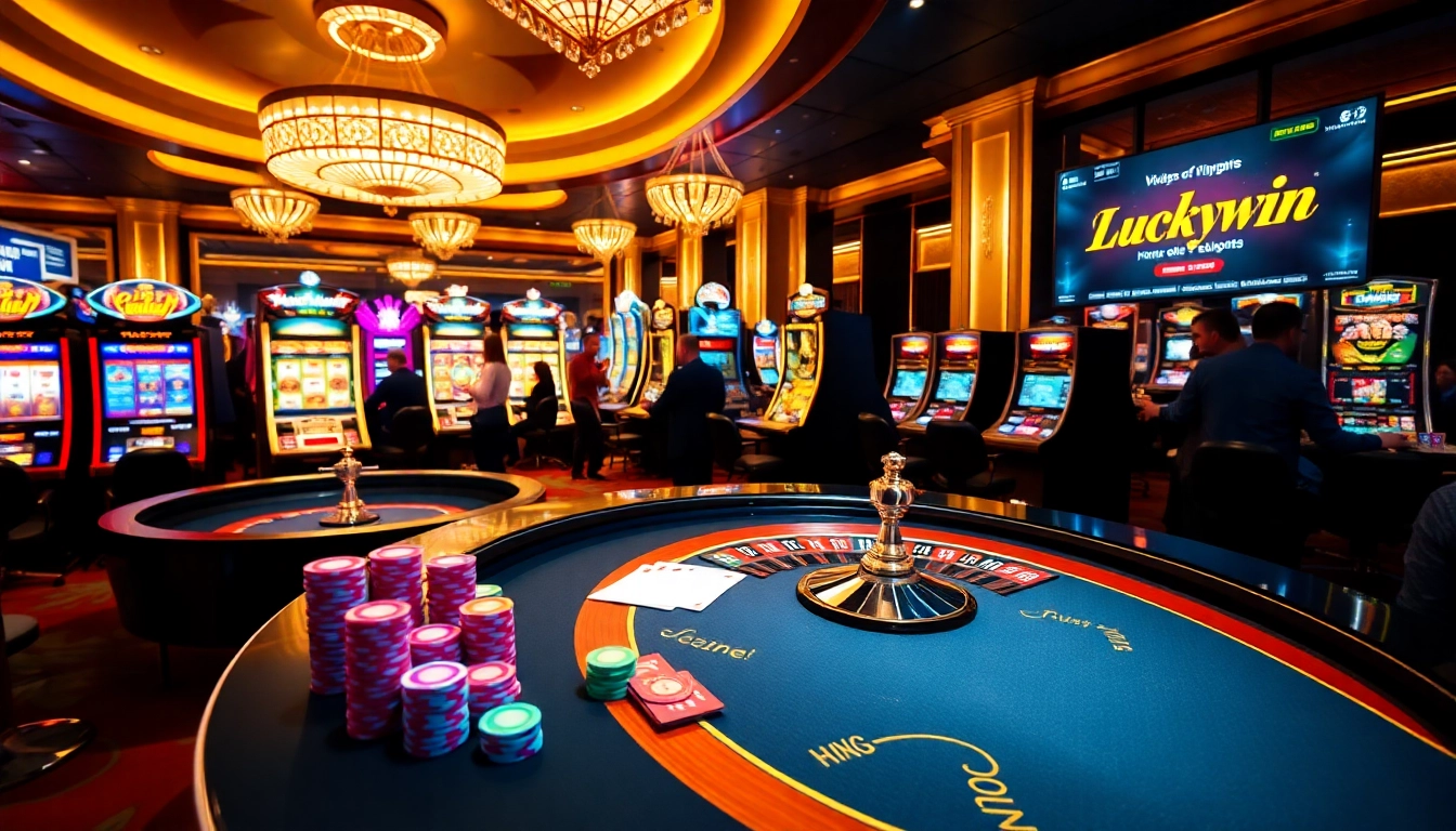 Exciting casino atmosphere at Luckywin with poker chips, cards, and vibrant slot machines.
