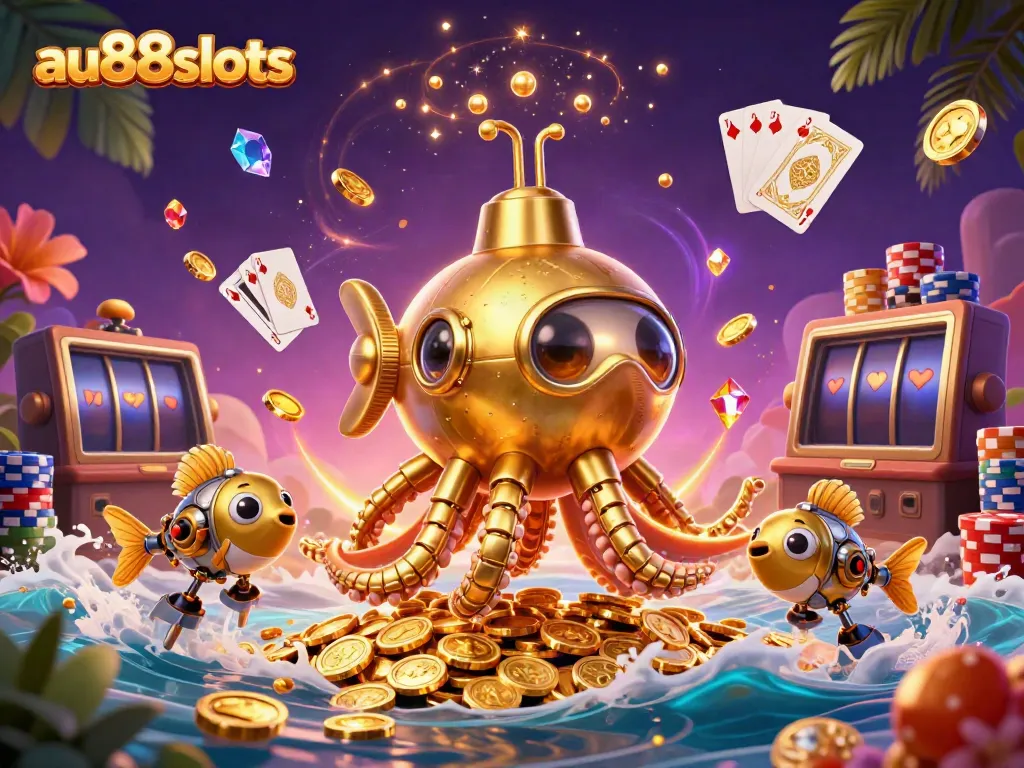 Experience the excitement at au88slots with a vibrant 3D illustration of a kraken submarine amidst casino elements.