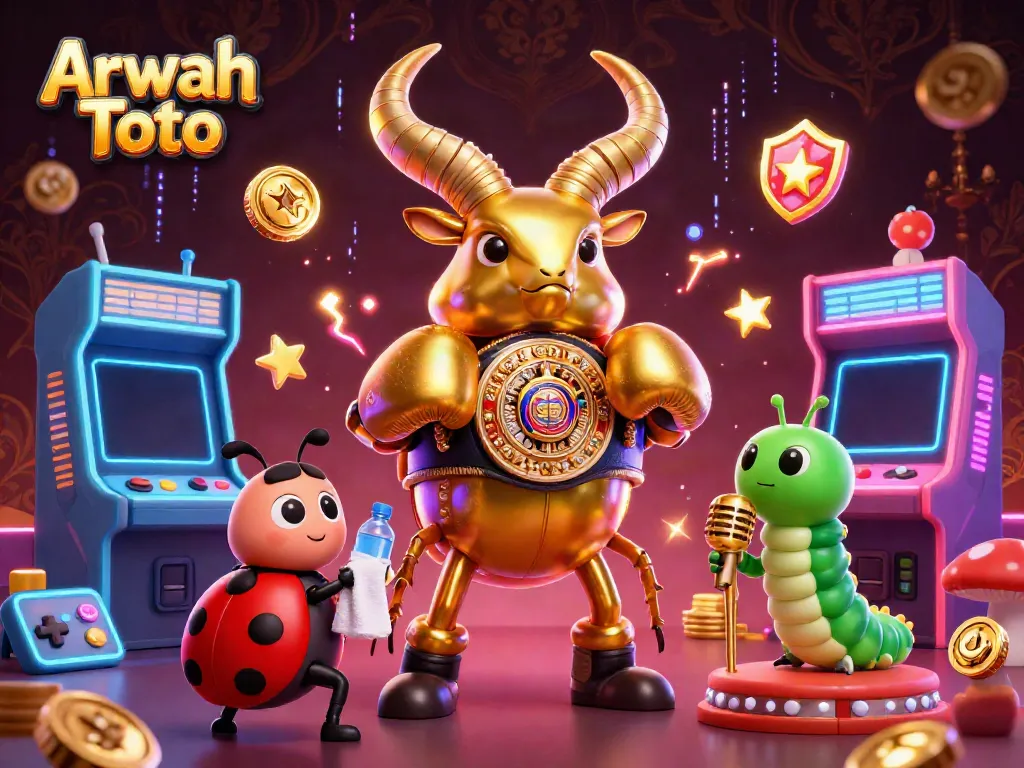 Ilustrasi 3D Arwah Toto dengan karakter unik, mesin permainan, dan efek cahaya neon.
