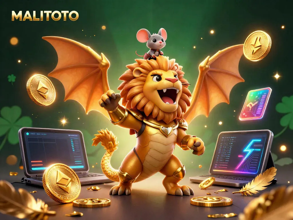 MALITOTO showcases a dynamic chimera creature in golden armor triumphantly roaring, embodying the excitement of gaming.