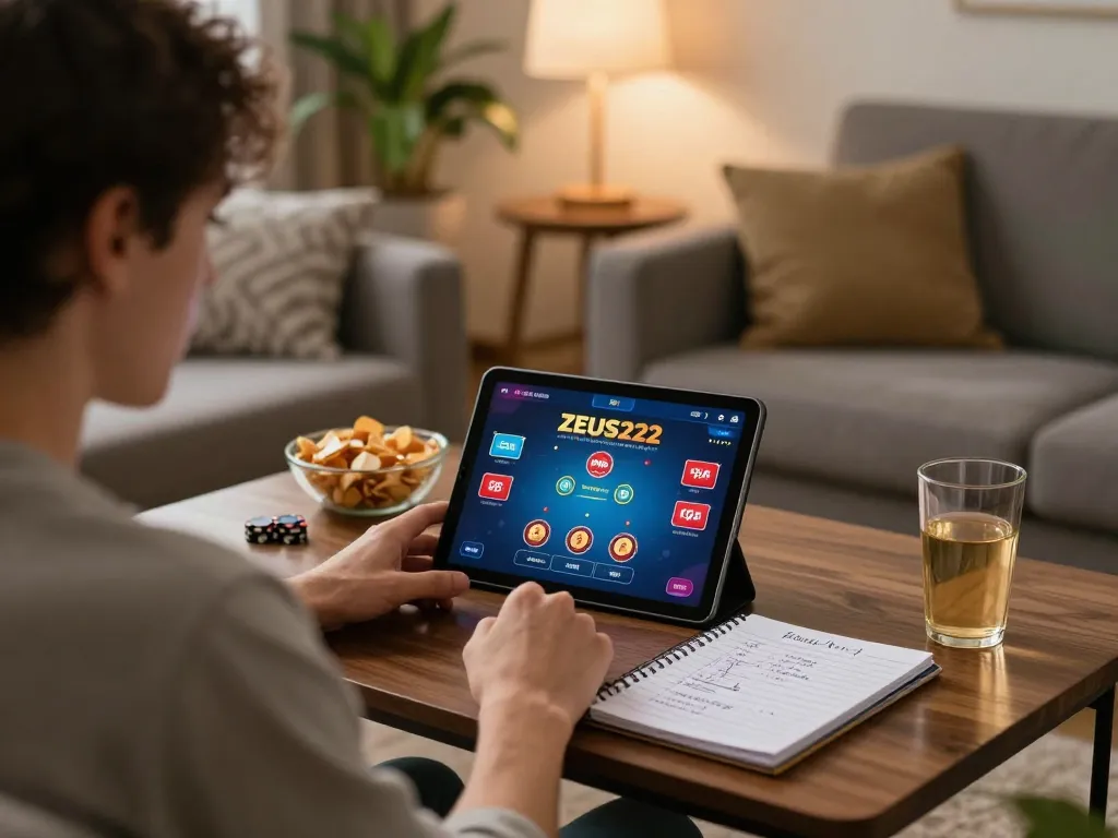 Players engaging with ZEUS222 poker game on tablet amidst a cozy home setting, focusing on strategy.