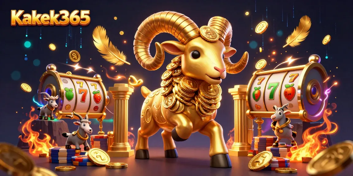 Kakek365 showcases vibrant 3D cartoon action with golden ram and slot reels amidst a dynamic casino scene.
