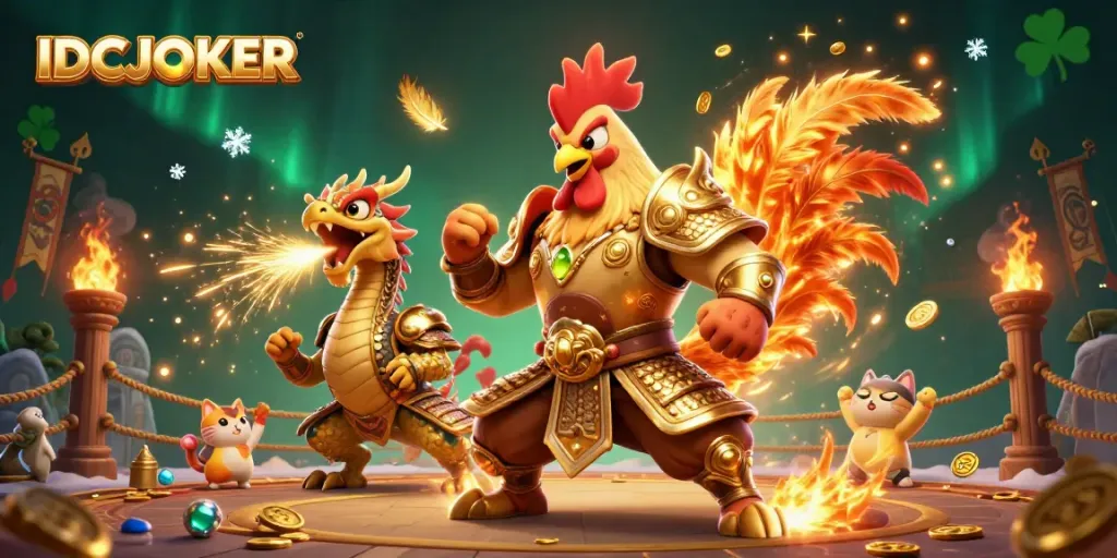 Experience adrenaline-fueled action at IDCJOKER with a warrior rooster and dragon in a vibrant casino arena.