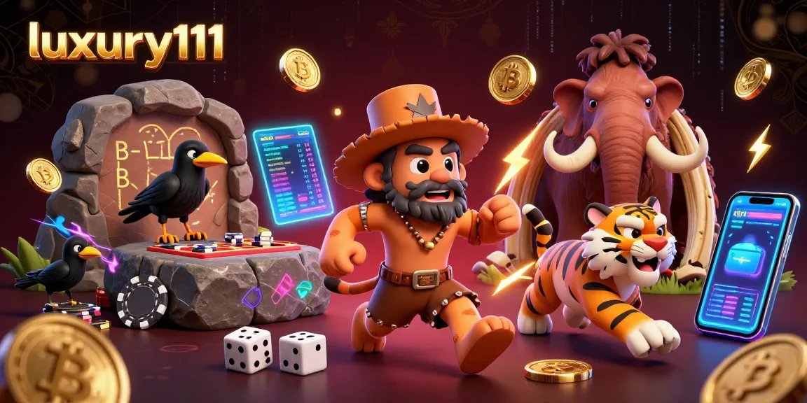 Experience luxury111 at a vibrant prehistoric casino with animated characters and dynamic gaming elements.