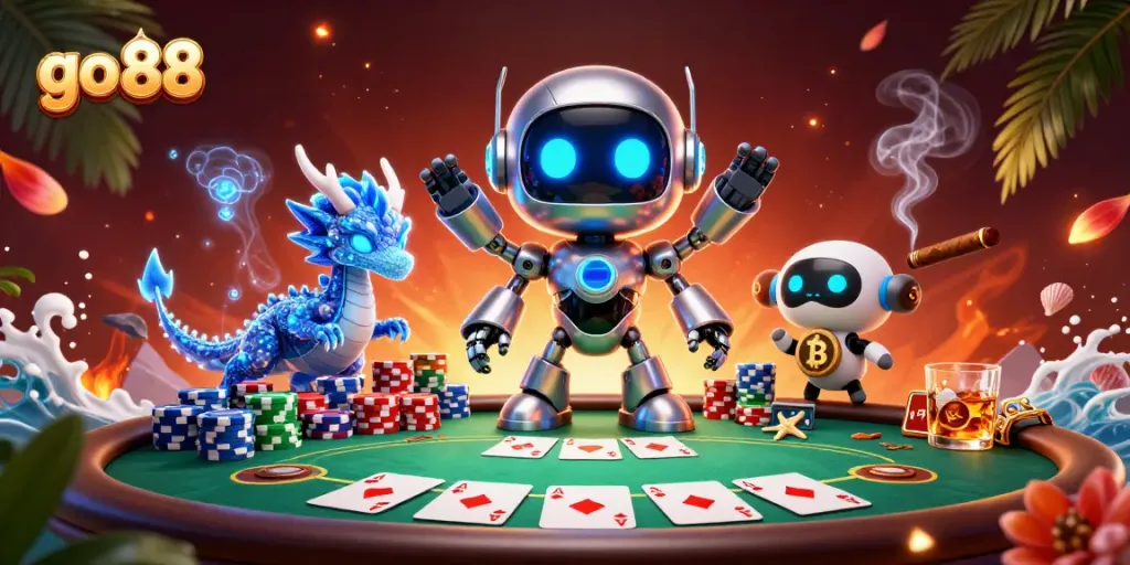 Người chơi đang trải nghiệm go 88 với robot, rồng AI và drone trong một sòng bạc ảo hấp dẫn.
