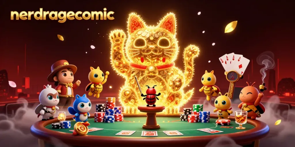 Menghentikan taruhan dengan kucing keberuntungan dari nerdragecomic yang memegang kartu poker.
