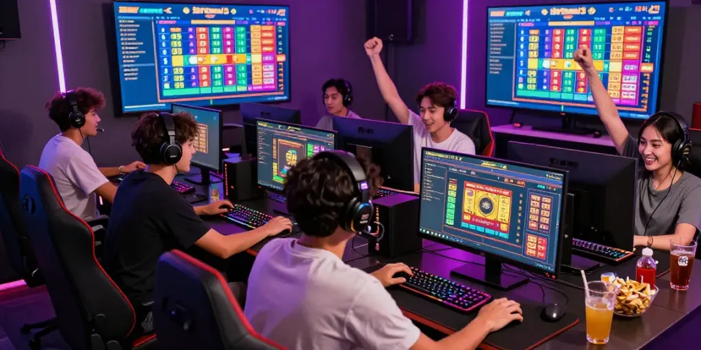 Engaged friends enjoying Bandar Togel 4D gaming experience with vibrant visuals.