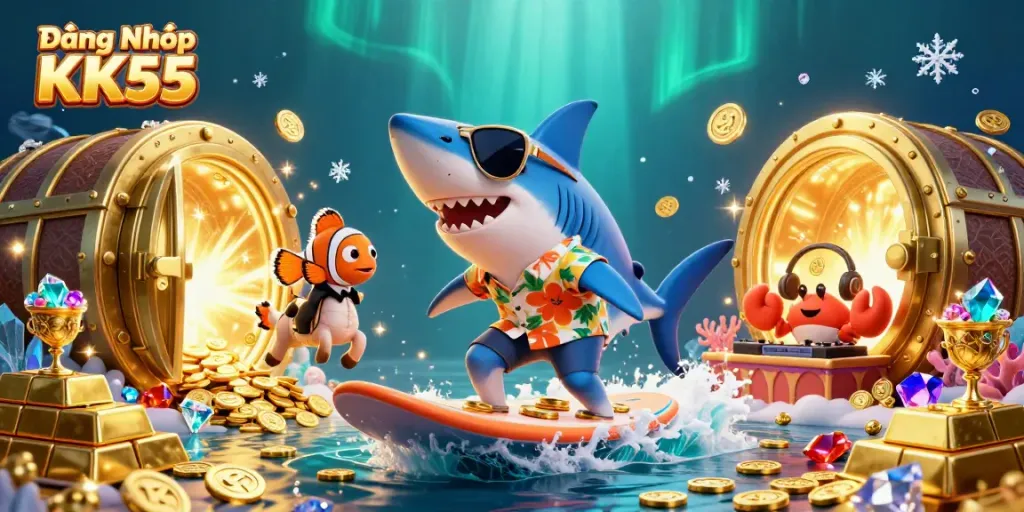 Engage in Đăng Nhập KK55 with a vibrant undersea casino adventure featuring a playful shark, clownfish, and DJ crab.