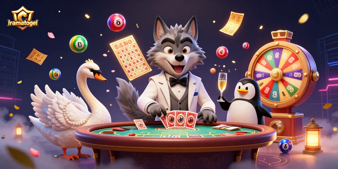 Menangkan iramatogel dengan ilustrasi kasino yang menampilkan karakter serigala, angsa, dan penguin dalam suasana ceria.