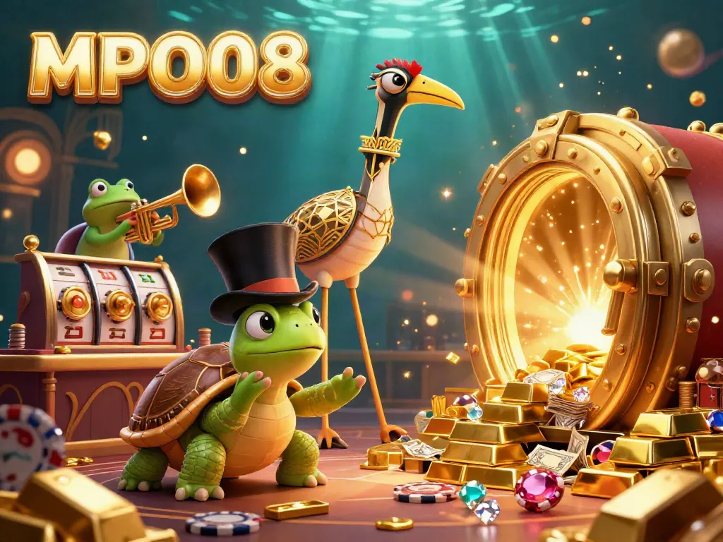 MPO08 reveals a vibrant casino scene with cartoon characters amidst golden treasures and spinning slot reels.
