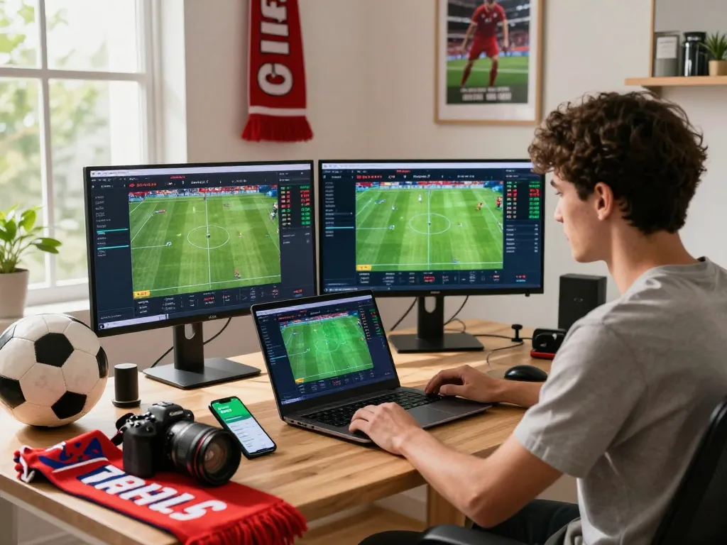 A young man analyzing Tỷ lệ kèo nhà cái in a stylish home office with multiple screens and sports memorabilia.