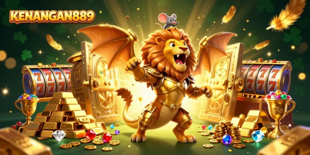 Engage in thrilling gameplay at KENANGAN889 with a magnificent chimera amidst golden treasures.