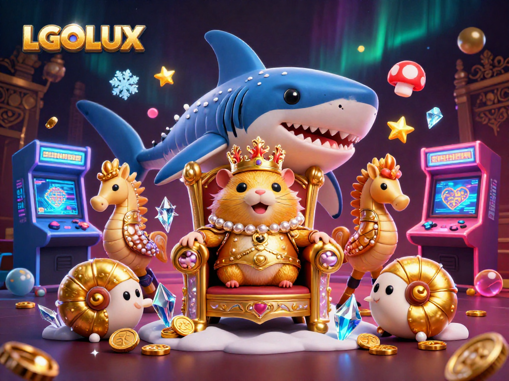 Engage with LGOLUX's whimsical casino world led by a golden hamster king amidst gaming excitement.