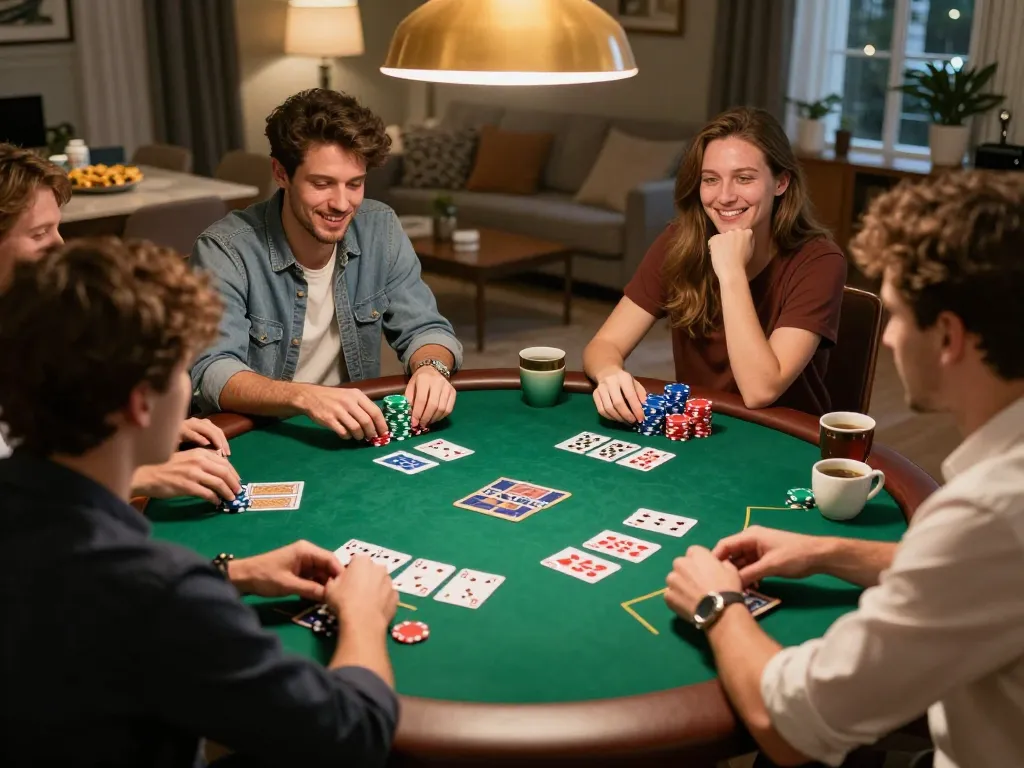 A group enjoys a lively poker game at home, highlighting ledaonline as the go-to platform for online gambling entertainment.