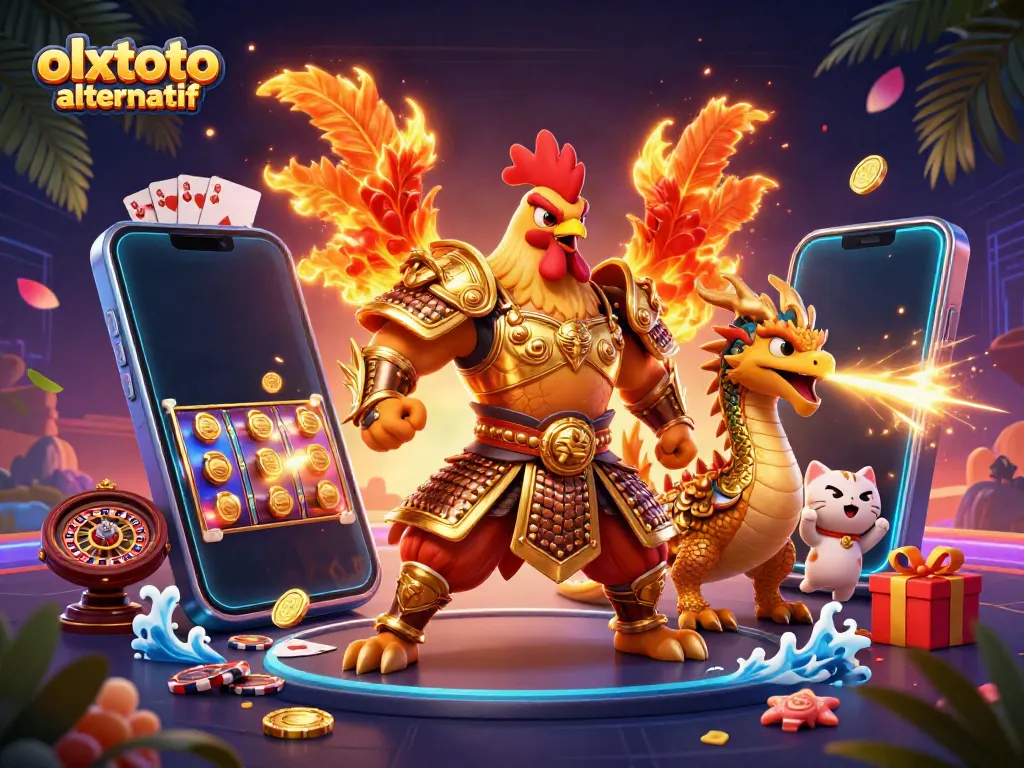 Experience olxtoto alternatif with a dynamic battle scene showcasing a fearless rooster warrior and dragon hatchling amid casino excitement.