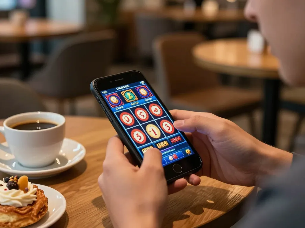 Menikmati permainan slot online yang mendebarkan di smartphone di meja kafe, menunjukkan kegembiraan dan keterlibatan.