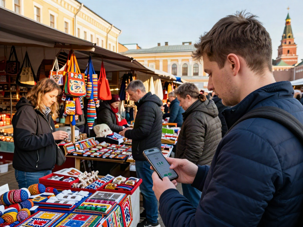 Wisatawan di pasar Rusia menggunakan https://payinrussia.com/ untuk pembayaran digital, dikelilingi oleh kerajinan lokal dan makanan.