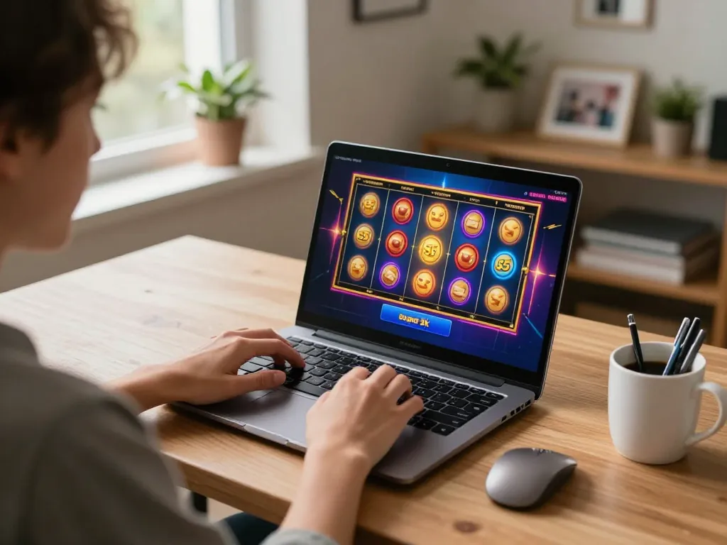 Engaging in slot depo 5k gameplay on a laptop at a cozy home desk