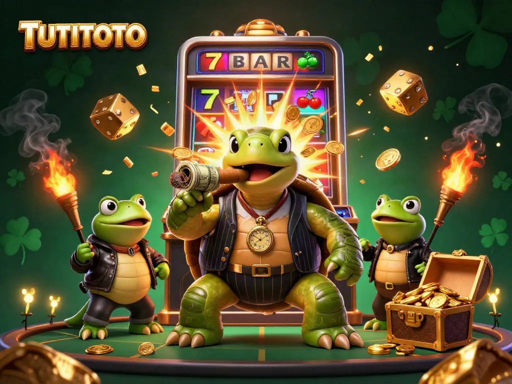 TUTITOTO featuring a 3D turtle mobster and bullfrog enforcers amidst a vibrant casino scene.