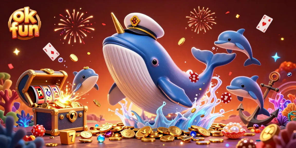 Experience the excitement of ok fun with a vibrant 3D whale and poker chips in a lively casino scene.