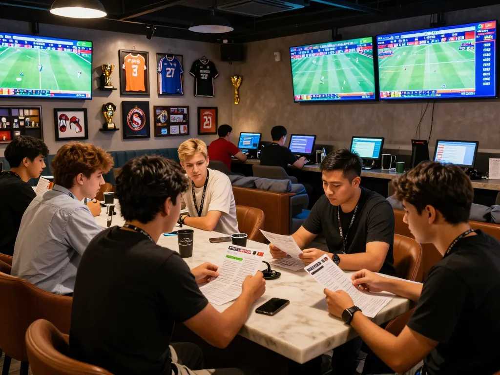 Engaged customers analyzing kèo nhà cái in a vibrant betting lounge with screens showcasing live odds.