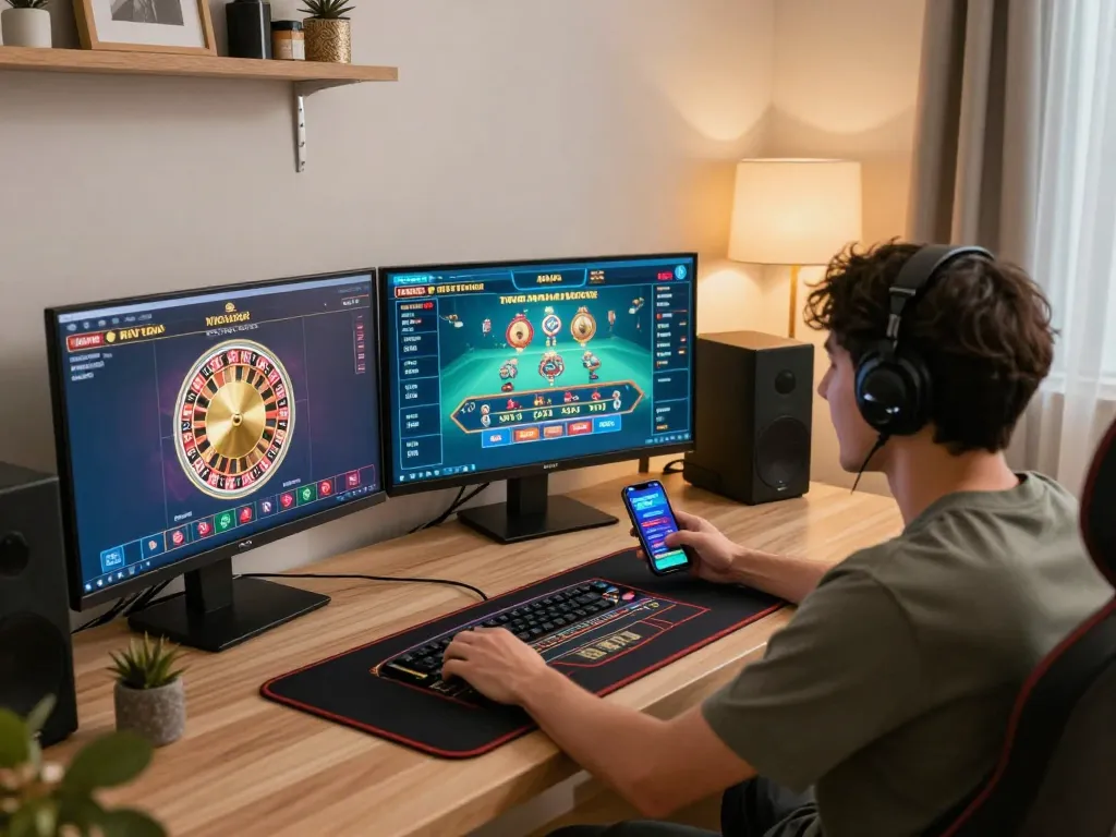 Player engaging with 8KBET on multiple screens in a cozy gaming setup, highlighting online casino excitement and strategy.
