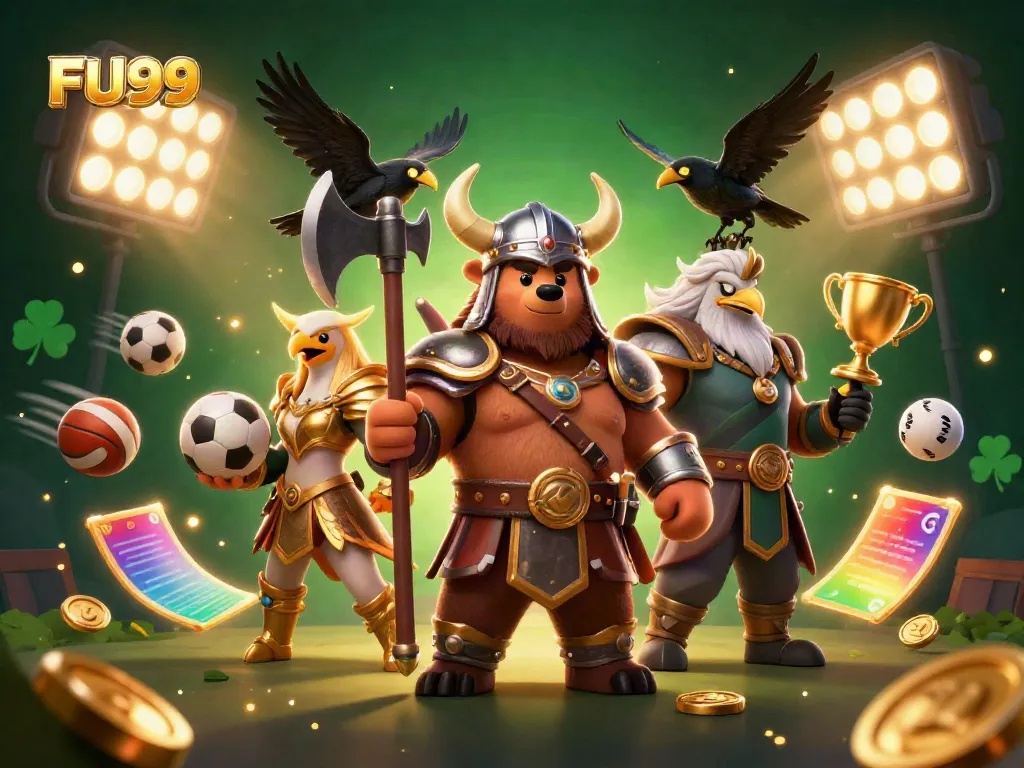 Win big with FU99 at the vibrant casino featuring Viking and Valkyrie characters amid sports and gaming elements.